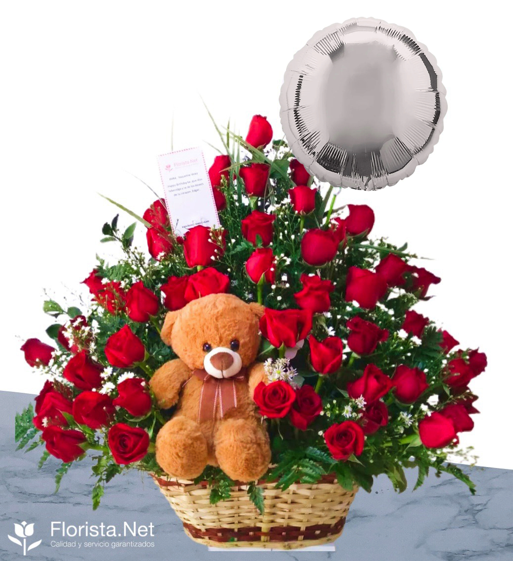 Beautiful basket of roses with bear and balloon